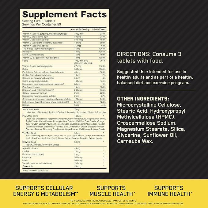 Optimum Nutrition Opti-Men, Vitamin C, Zinc and Vitamin D, E, B12 for Immune Support Mens Daily Multivitamin Supplement