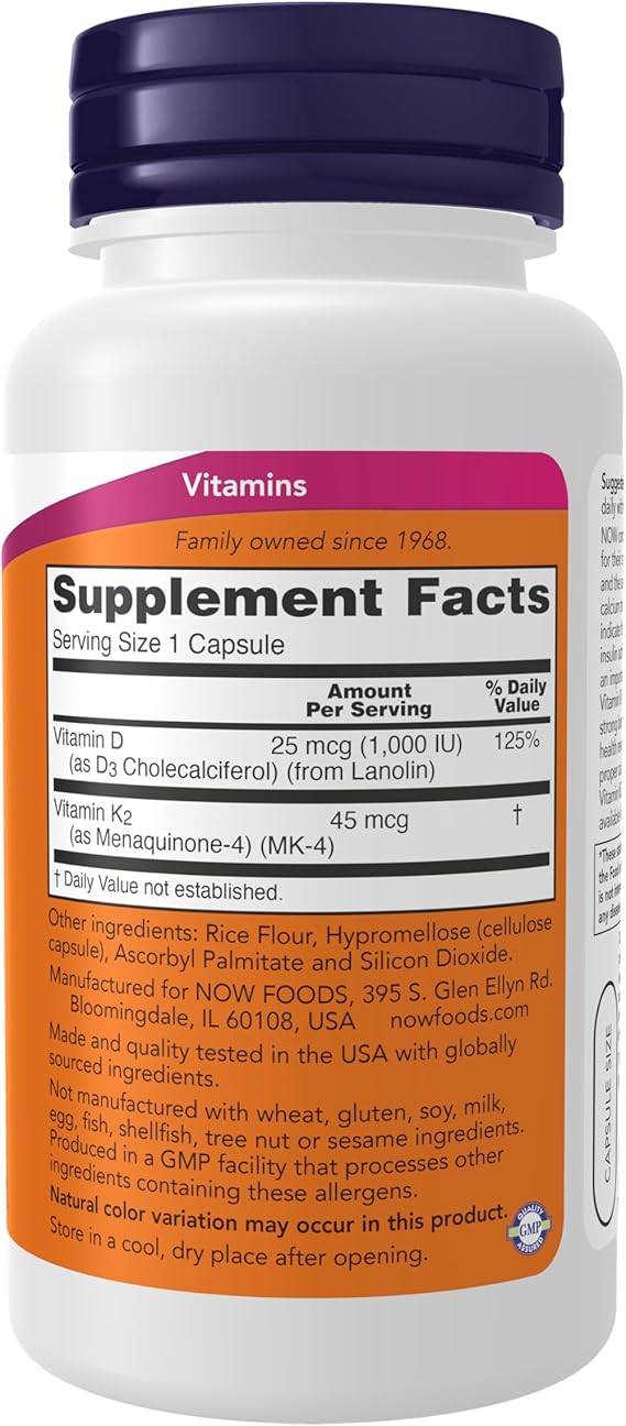 NOW Vitamina D-3 y K-2 1000 IU/45mcg 120 Capsules, Now Foods